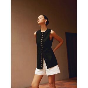 Commense Cotton &‎ Linen Black Button-Front Sleeveless Vest Top S